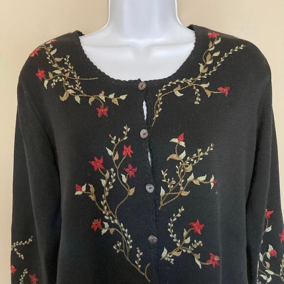 Peruvian Connection Black Floral Trim Pima Cotton Sweater Cardigan Size Large - Picture 3 of 16